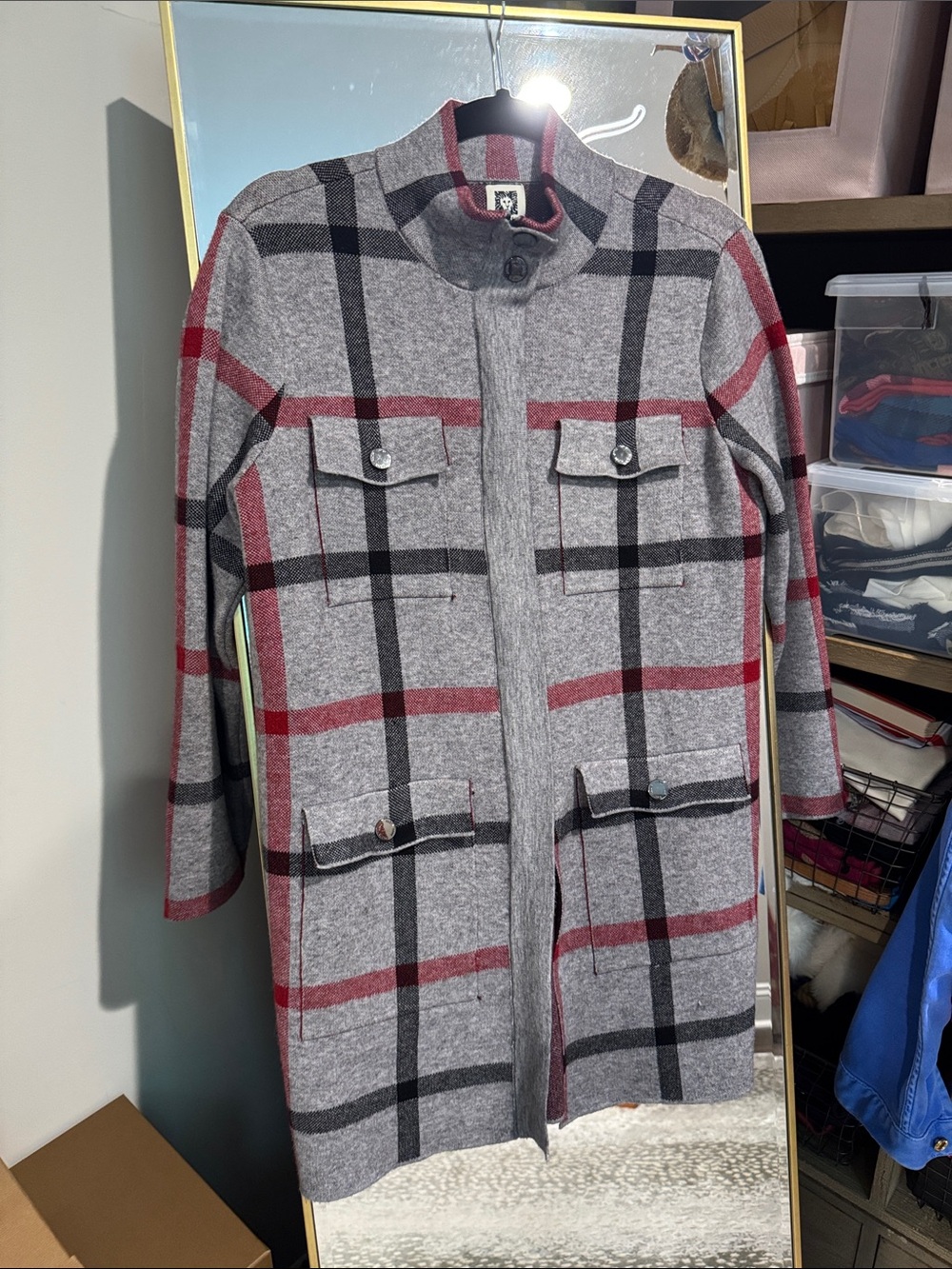 Anne Klein Gray Plaid sweater Pea Coat with Red & Black Windowpane